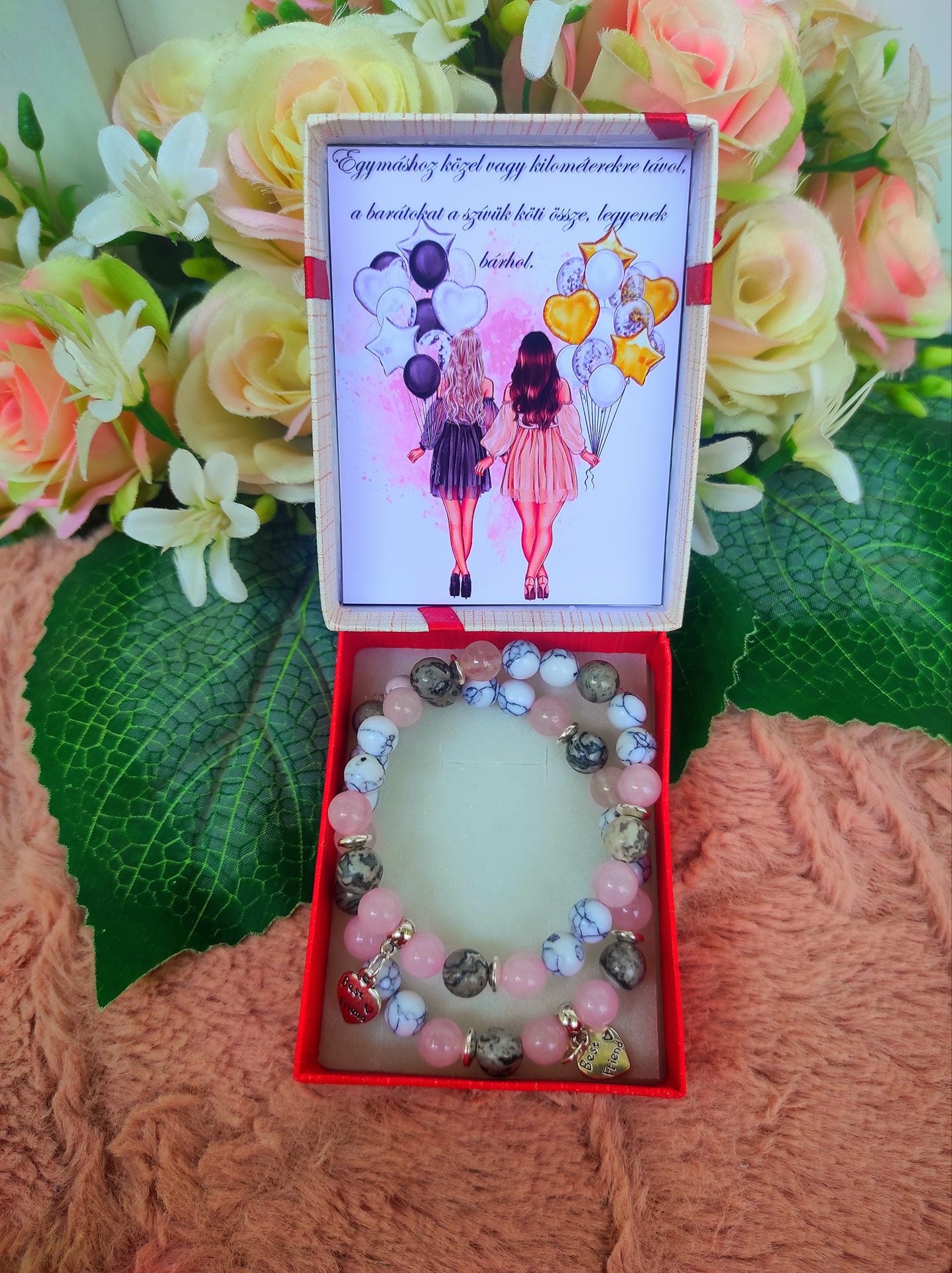 Barátság karkötő rózsakvarc egyedi grafikás